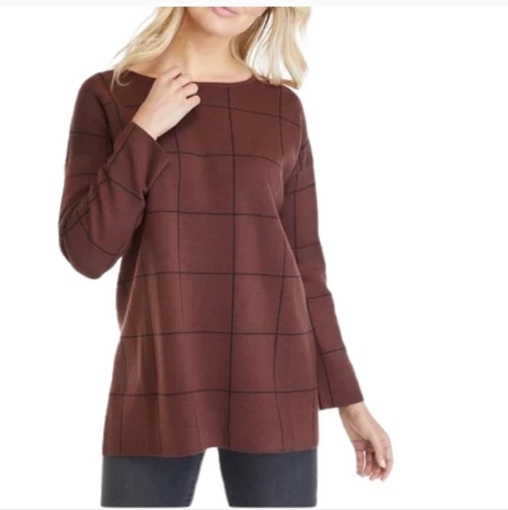 Eileen Fisher Grid Wool Boat Neck Boxy Lagenlook Tunic Top